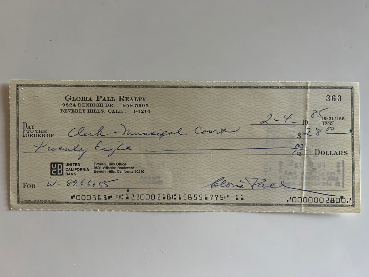 Gloria Pall signed check