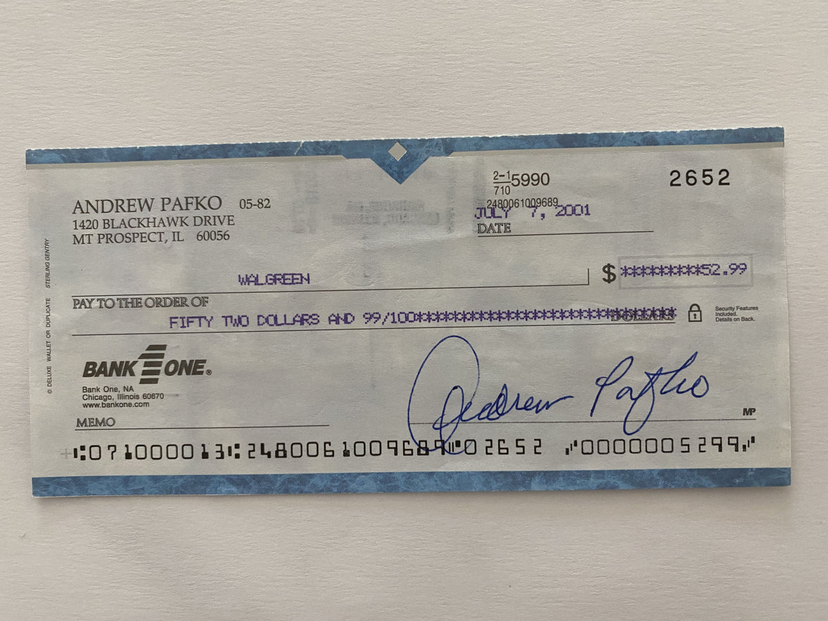 Andrew Pafko signed check