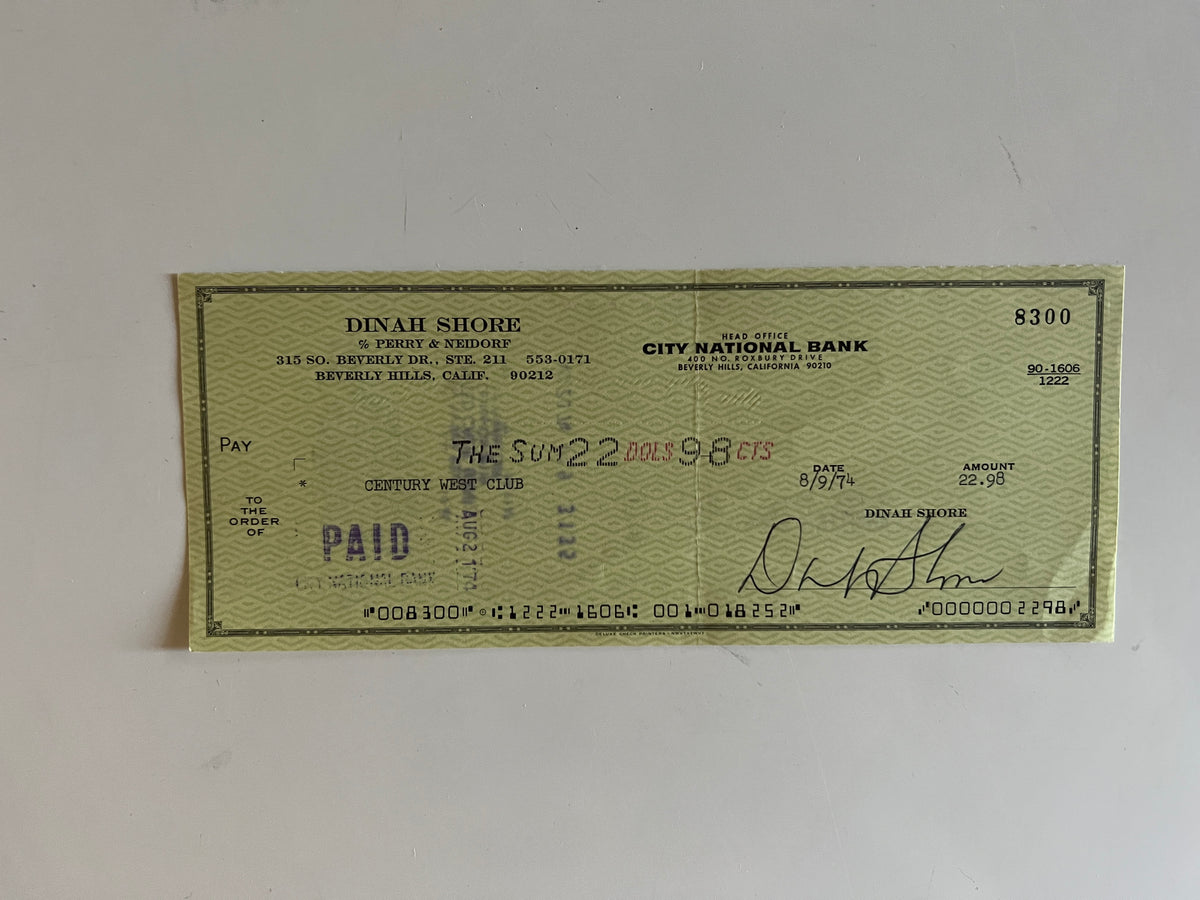 Dinah Shore signed check