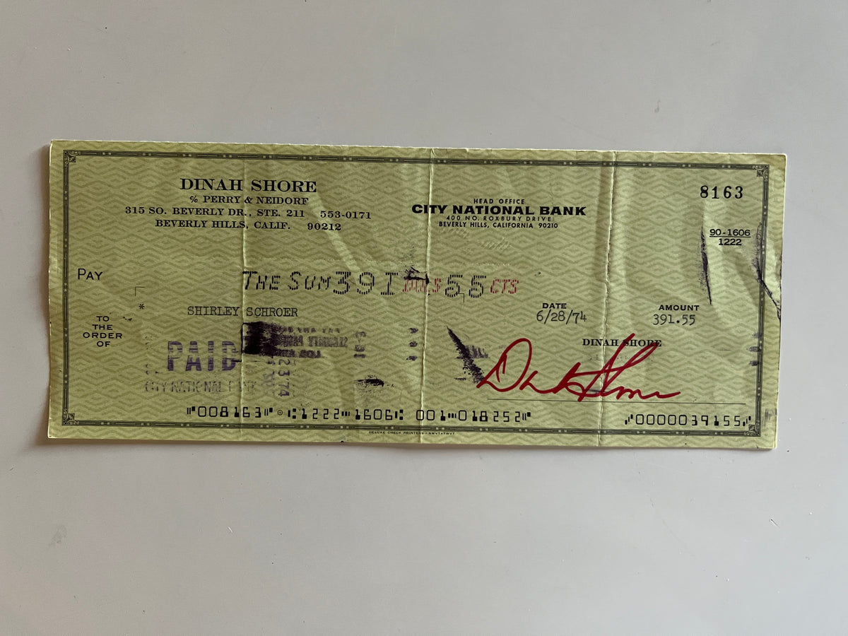 Dinah Shore signed check