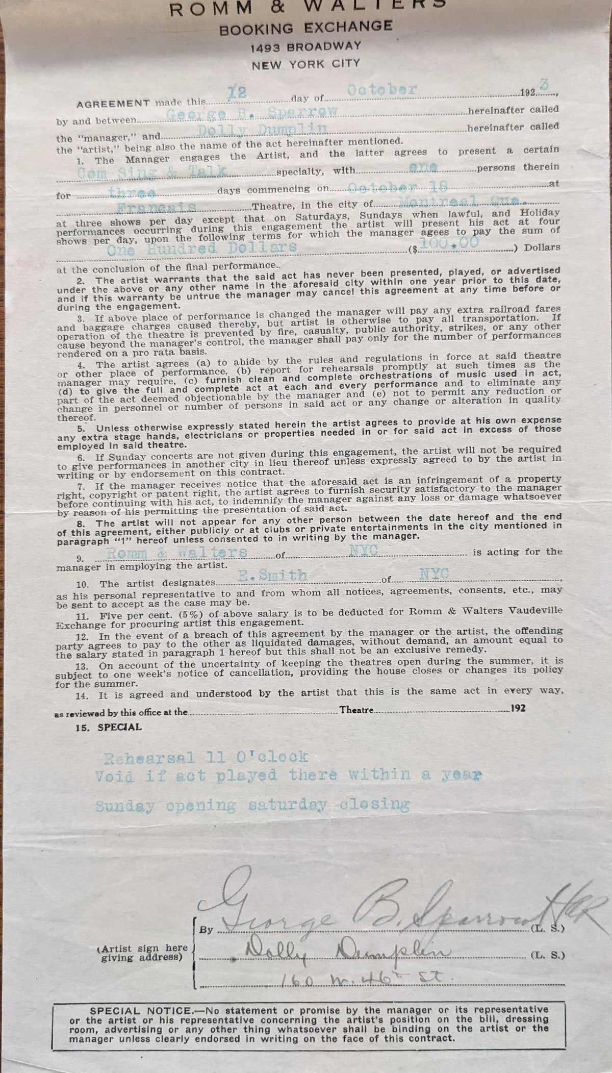 Dolly Dumplin Signed Contract