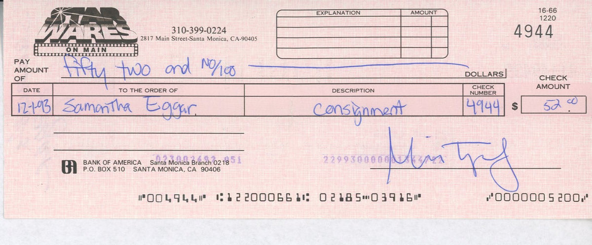 Samantha Eggar signed check