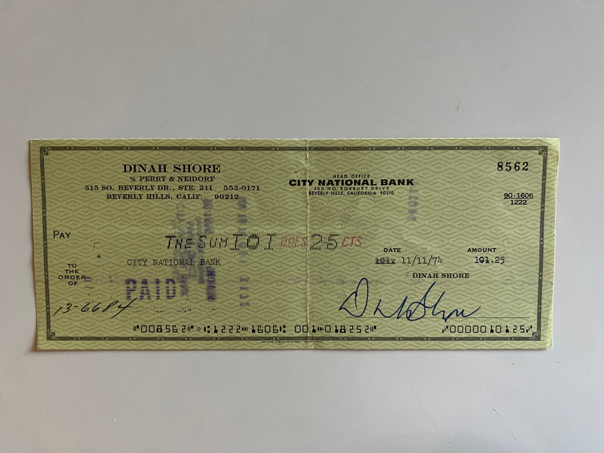 Dinah Shore signed check